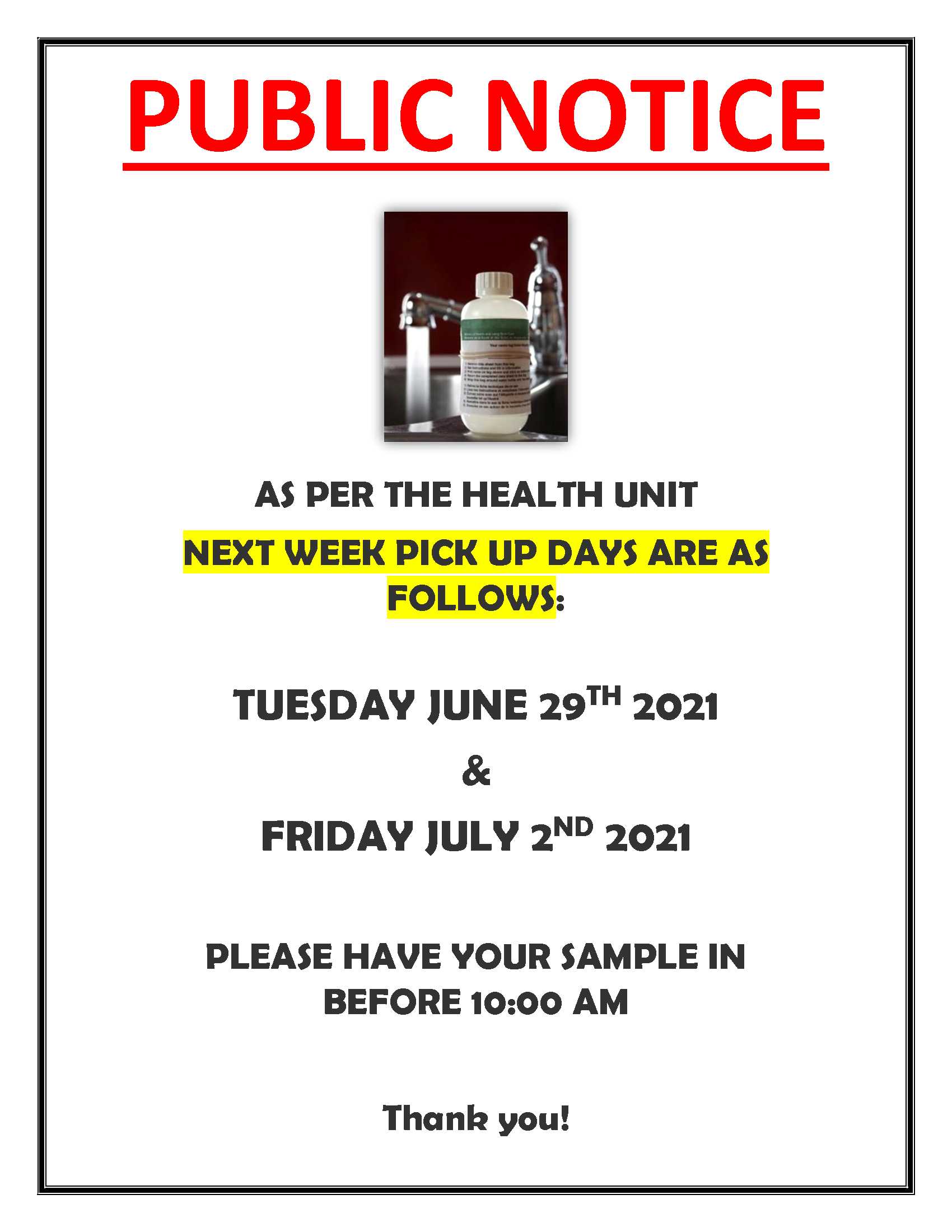 Water Sample Drop Off Week of June 28, 2021 Township of McNab/Braeside